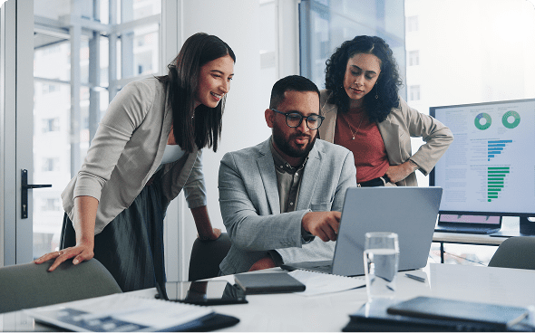 Team collaborating in modern office setting.