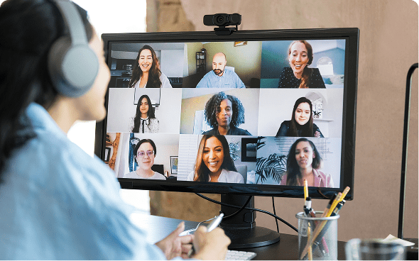 Video conference call with multiple participants.