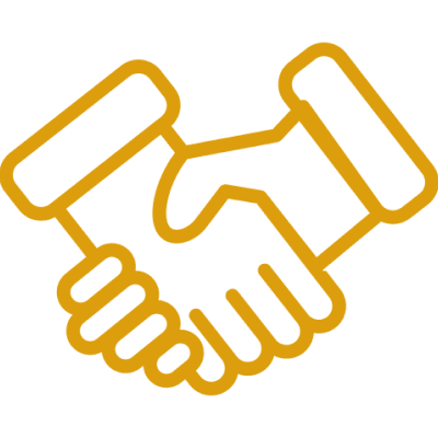 Yellow handshake icon on black background.